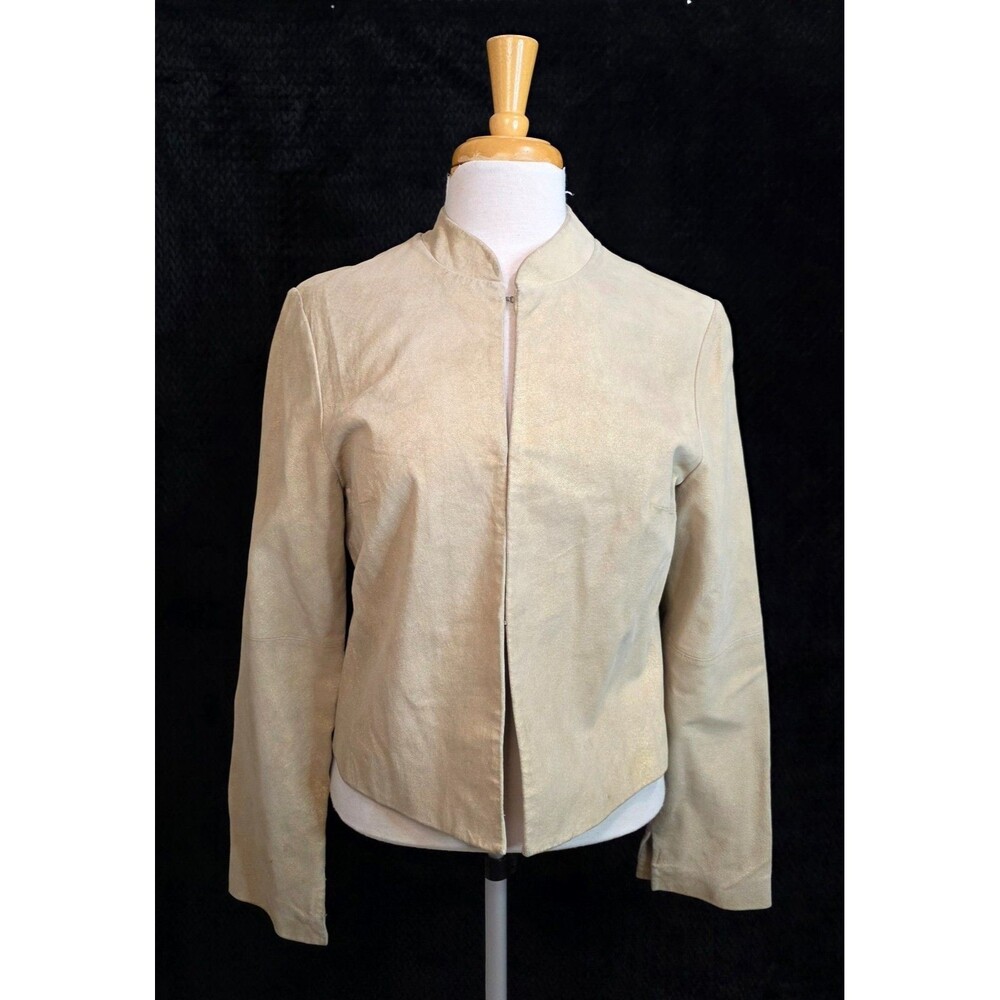 Vintage Lux Collarless Metallic Leather Jacket – Y2K Fashion – Size Large